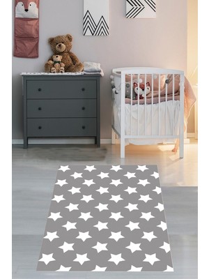 Pelangi Yıldız Desenli Gri Yıkanabilir Kaymaz Taban Leke Tutmaz Çocuk Odası Halısı, Gri-Beyaz 100 x 600, 9038680054100600