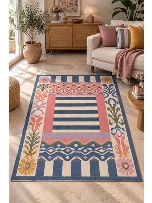 Rugs Modern Halı Vera Casa Özel Tasarım Bej, Mavi ve Kırmızı Ince Dokuma Salon Halısı