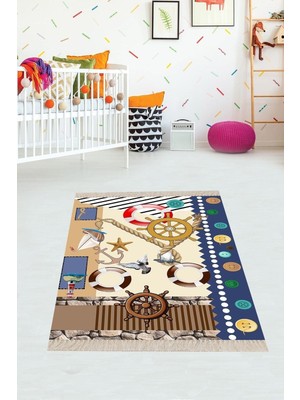 Pelangi Gemi Yelken Desenli Dijital Baskılı Kaymaz Taban Çocuk Odası Halısı, Bej 120 x 120