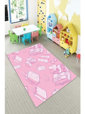 Pelangi Pembe Eşya Ikonlu Çocuk Yıkanabilir Kaymaz Taban Leke Tutmazbebek ve Çocuk Odası Halısı, Şeker Pembe 130 x 180