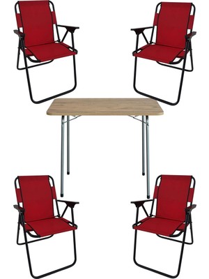 Bofigo 60X80 Çam Desenli Katlanır Masa + 4 Adet Katlanır Sandalye Kamp Seti Bahçe Takımı Kırmızı