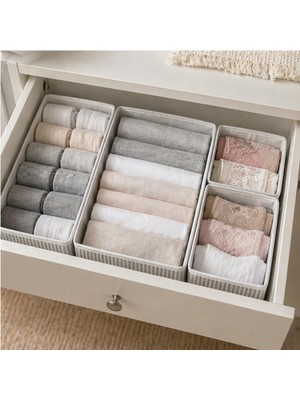 Deinhaus 4'lü Çekmece Düzenleyici Set, Gri Çizgili, Kumaş, L/m/s Boyutları, Valiz ve Dolap Organizeri