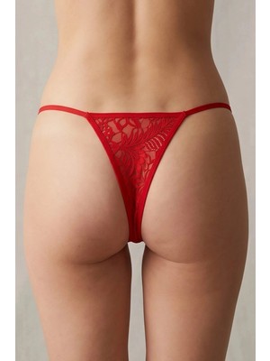 Hace Bazaar Kadın Kırmızı Fantezi String Külot Fiyonklu Çiçek Dantelli -Hcb