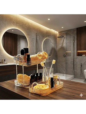 Banyo Düzenleyici Organizer Banyo Rafı (Amber Sarı, Tek + Iki Katlı Set)