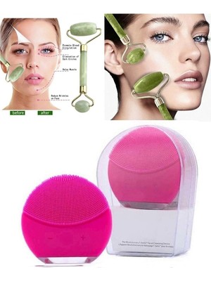 Mobee Şarj Edilebilir Fuşya Yüz Temizleme Cihazı + Jade Roller 2'li Yeşim Taşı Masaj Aleti