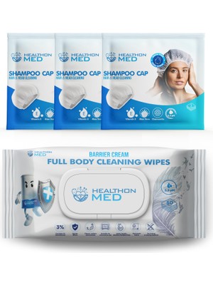 Healthon Med 3’lü Durulama Gerektirmeyen Saç Şampuan Bonesi + 1 Adet 50’li Bariyer Koruyucu Vucüt Temizlik Mendili – Kamp, Seyahat ve Hasta Bakımı Için Hijyen Temizlik Seti