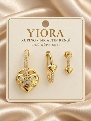 Yiora Xuping 14K Altın Rengi Zirkon Taşlı Kalp Kilit Detaylı 3’lü Çoklu Delik Kombin Halka Küpe Seti