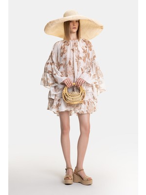 Vakko White Floral Ramie Dress