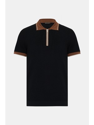 Vakko Black Zippered Polo Collar Short Sleeve Knit T-Shirt