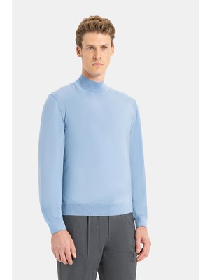 Vakko Blue Mock Neck Knit Sweater