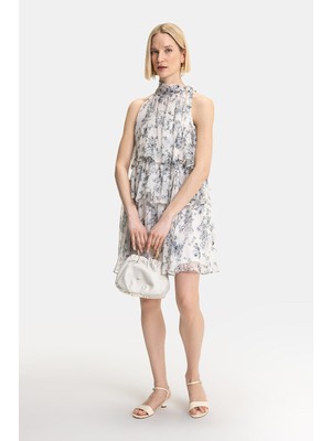 Vakko Ecru Floral Silk Dress