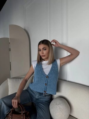 Velmora Fashion Kadın Triko Kolsuz Dokuma Düğmeli Yelek - Mavi