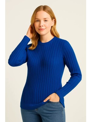 Velmora Fashion Kadın Bisiklet Yaka Triko Kazak Pamuklu Kalın Fitilli Dokuma - Saks Mavisi