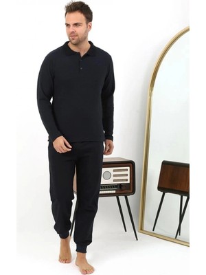 Marsilyan Erkek Polo Yaka Uzun Kol Penye Pijama Takımı Lacivert
