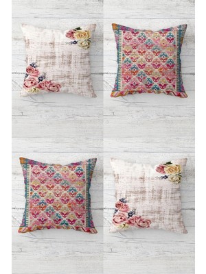 Pelangi Vintage Güller ve Etnik Kilim Desen Gizli Fermuarlı Kırlent Kılıfı Koltuk Yastık Kılıfı TAKIM(4ADET), Pembe-Bej-Sarı 45 x 45