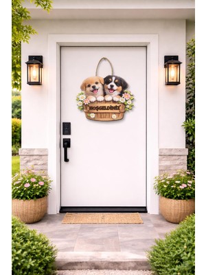 28-25 cm Hoş Geldin Köpek Çiçek Dekorlu Ahşap Kapı Süsü, Kapı Bahçe Önü Süsü
