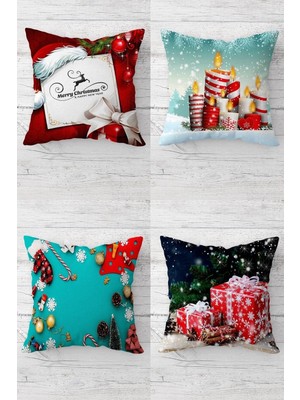 Pelangi Noel Baba Yılbaşı Christmas Gizli Fermuarlı Kırlent Kılıfı Koltuk Yastık Kılıfı TAKIM(4ADET), Kırmızı-Yeşil 45 x 45