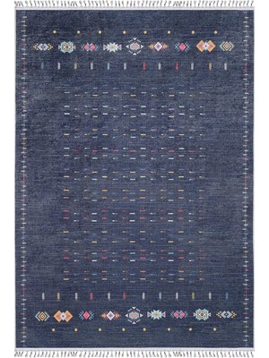 Mirsk Lacivert Modern Geometrik Etnik Eskitme Desenli Boho Makinada Yıkanabilir Hafif Hav Toz Vermez Leke Tutmaz Kaymaz Taban Dijital Makine Baskı Halı Oturma Odası Salon Yolluk Koridor Mutfak Halısı