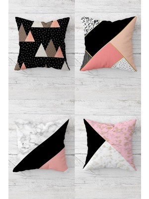 Pelangi Geometrik Üçgen Desenli Gizli Fermuarlı Kırlent Kılıfı Koltuk Yastık Kılıfı TAKIM(4ADET), Pembe-Siyah 45 x 45
