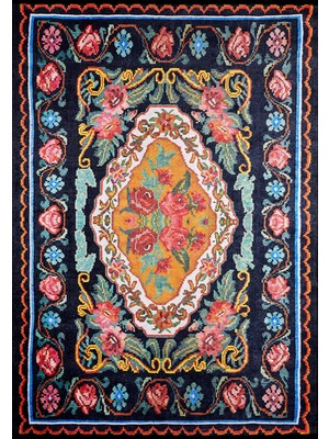 Lisva Siyah Çiçekli Modern Geometrik Etnik Desenli Boho Makinada Yıkanabilir Hafif Hav Toz Vermez Leke Tutmaz Kaymaz Taban Dijital Makine Baskı Halı Oturma Odası Salon Yolluk Koridor Mutfak Halısı