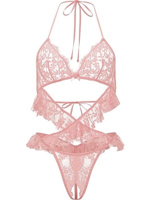 Victoria's Secret Lace Ruffle Halter Neck Plunge Teddy