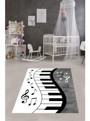 Pelangi Piyano Desenli Müzik Notalı Halı Dijital Baskı Yıkanabilir Kaymaz Taban Modern Salon Halısı, Siyah-Beyaz 100 x 150