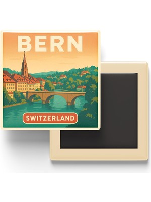 Bern Isviçre - Aare Nehri - Baskılı Buzdolap Magneti Kare 9x9 cm