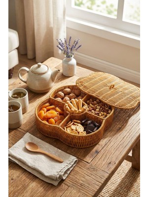 Buffer Kapaklı 5 Bölmeli Hasır Desenli Plastik Rattan Organizer Kutu, Doğal Rattan Rengi, 30X30X7.5 Cm, Çok Amaçlı Saklama ve Sunum Sepeti