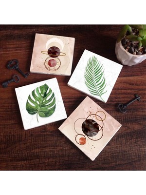 Pinecone Stone Minimalist Soyut, Yaprak Taş Bardak Altlığı Seti - 4 Parça - Dekoratif, Rustik Mutfak Aksesuarı, 10X10 Cm, Kaydırmaz Tabanlı, Şık ve Dayanıklı SC348