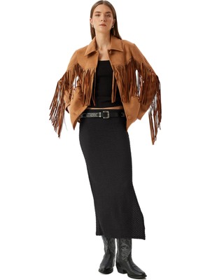 Myg Plus Midi Boy Kalem Etek Yandan Yırtmaçlı Dokulu Slim Fit Standart Bel
