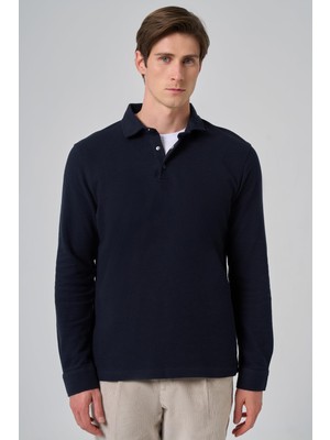 Myg Plus Morven Erkek Lacivert Pamuk Trend Ağaç Kabuğu Desen Dinamik Fit Polo Yaka Sweat-Shirt