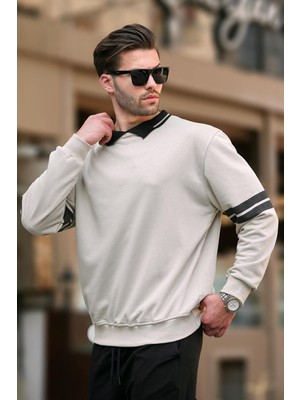 Myg Plus Madmext Bej Polo Yaka Oversize Kolu Şeritli Erkek Sweatshirt 7048,BEJ Xl