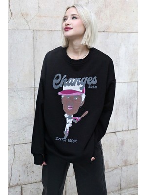 Myg Plus Madmext Siyah Baskılı Oversize Sweatshirt MG1578,SIYAH L