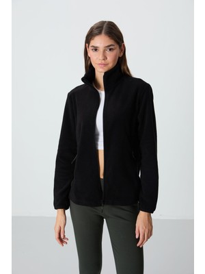 Myg Plus Siyah Dik Yaka Fermuarlı Rahat Form Kadın Polar Sweatshirt - 97173