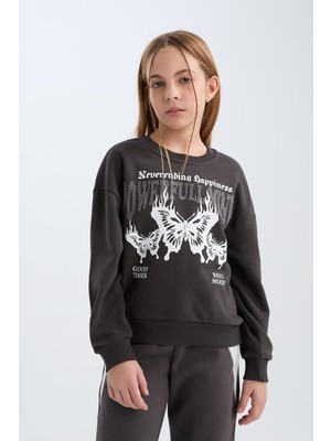 Myg Plus Defacto Oversize Geniş Kalıp Bisiklet Yaka Baskılı Sweatshirt Kız Çocuk D4386A824WN
