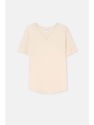 Myg Plus Dagi Ekru Kadın V Yaka Spor T-Shirt, Xl Beden
