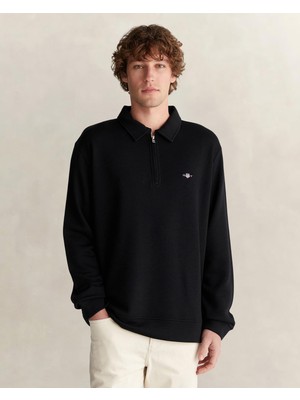 Myg Plus Gant Erkek Siyah Relaxed Fit Yarım Fermuarlı Logolu Sweatshirt
