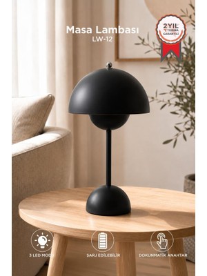 Torima Yuvarlak Masa Lambası 3 Modlu Şarjlı Led Işıklı Gece Lambası LW12 Siyah
