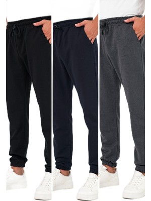 Myg Plus By Comeor Kalın Siyah-Lacivert-Antrasit Erkek 3'lü Eşofman Altı Jogger Arka Cepli Lastik Paça Regular Fit Şardonsuz S