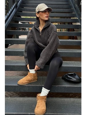 Myg Plus Madmext Füme Fermuar Yaka Kürklü Kadın Sweatshirt MG2261,FÜME S