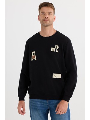 Myg Plus Tudors Relax Fit Pamuklu Bisiklet Yaka Baskılı Sweatshirt, Xxl, SW250007, Siyah, Erkek
