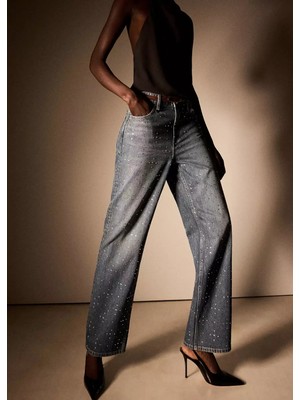 Mango Strass düz denim pantolon