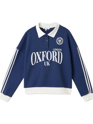 Myg Plus Koton Şardonlu Polo Yaka Düğmeli Kolej Baskılı Şerit Detaylı Oversize Sweatshirt