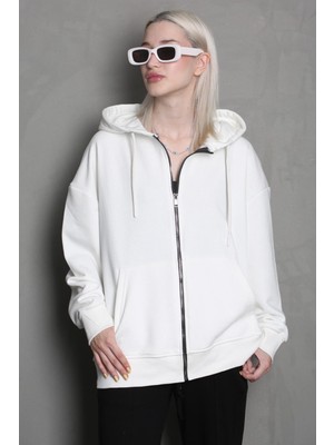 Myg Plus Madmext Kadın Ekru Kapüşonlu Fermuarlı Basic Sweatshirt, M Beden