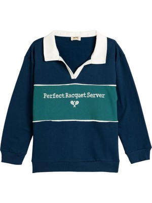 Myg Plus Koton Oversize Sweatshirt Polo Yaka Baskı Detaylı Uzun Kollu Şardonlu