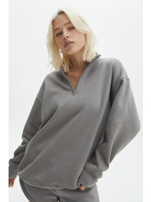 Myg Plus Madmext Kadın Gri Fermuarlı Yaka Oversize Sweatshirt, Xl