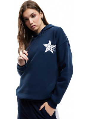 Myg Plus Uzun Kollu Kapüşonlu Şardonlu Arkası Baskılı Oversize Sweatshirt
