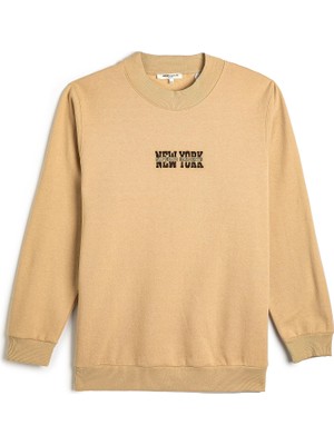 Myg Plus Koton Erkek Kolej Sweat Bisiklet Yaka Işleme Detaylı Uzun Kollu Şardonlu Bej, S