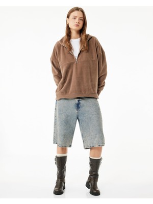 Myg Plus Oversize Uzun Kollu Yarım Fermuarlı Şardonlu Polar Sweatshirt