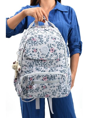 Myg Plus EBA-8866 Klinkır Okul Çantası Sırt Çanta Günlük Gezi Spor Seyahat Tatil Çok Gözlü Laptop Bölmeli White Flower